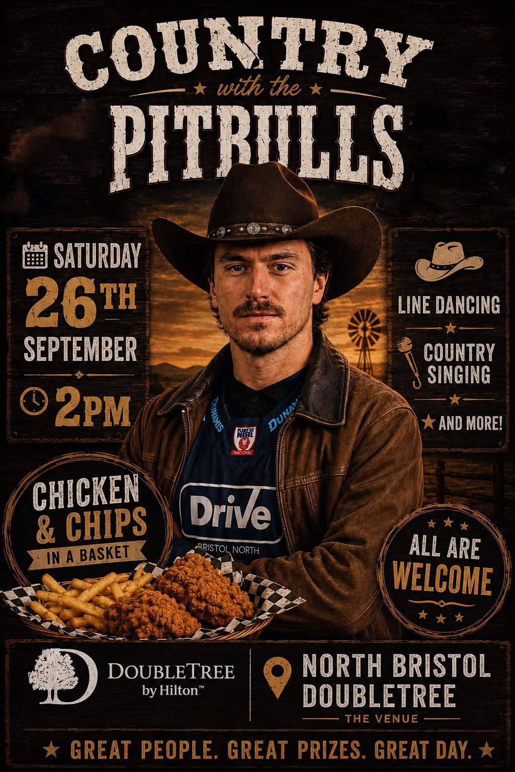 Country with the Pitbulls poster: Saturday 26 September, 2pm at DoubleTree by Hilton, North Bristol. Line dancing, country singing and chicken and chips. All are welcome.